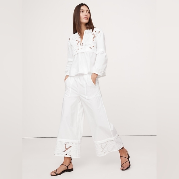 Banana Republic High-Rise Wide-Leg Embroidered Cotton Poplin Cropped Pants White - Picture 1 of 4